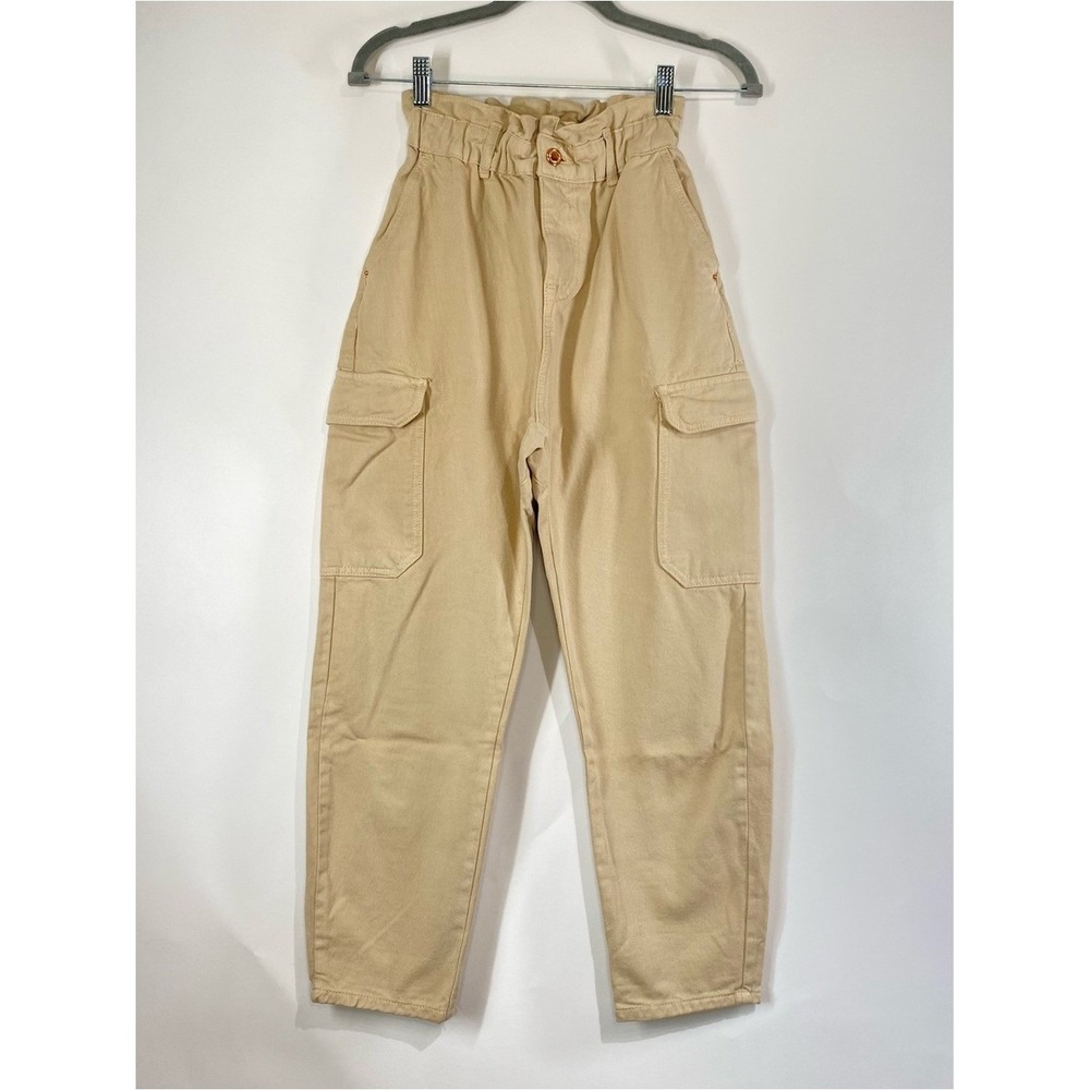 Zara Womens Beige Cotton Granola Gorpcore High Rise Paper Bag Cargo Jeans Size 0